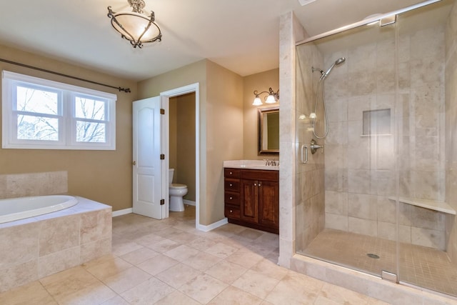 230 S Constitution Dr, Aurora, IL 60506 - full bathroom with vanity, a bath, a stall shower, and toilet