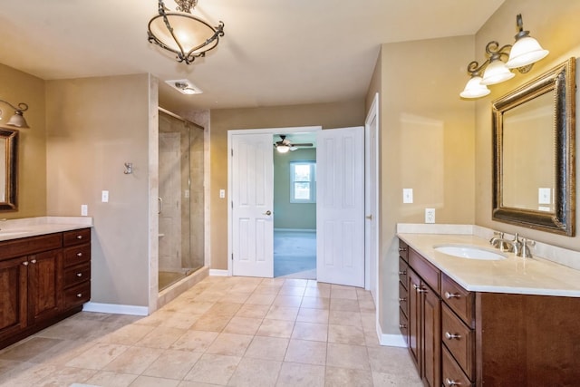 230 S Constitution Dr, Aurora, IL 60506 - full bath with two vanities, a stall shower, tile patterned floors, and ceiling fan