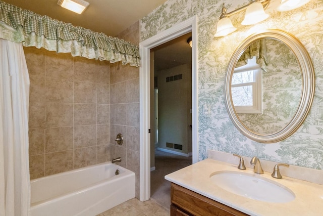 230 S Constitution Dr, Aurora, IL 60506 - bathroom with wallpapered walls, vanity, shower / bathtub combination with curtain, and tile patterned floors
