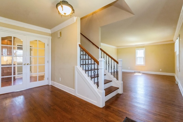 230 S Constitution Dr, Aurora, IL 60506 - stairway with baseboards, wood finished floors, ornamental molding, and french doors