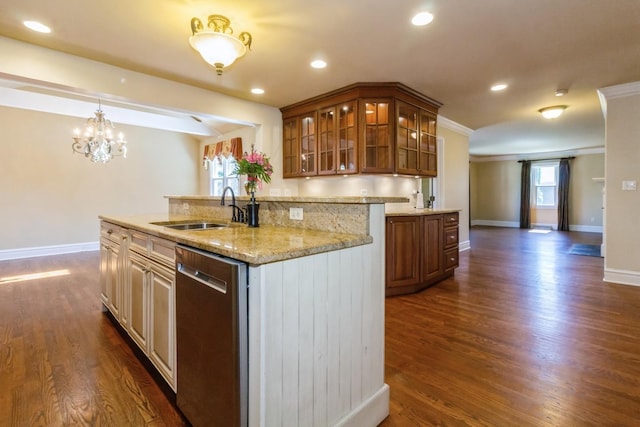 230 S Constitution Dr, Aurora, IL 60506 - kitchen featuring dishwasher, dark wood-type flooring, a sink, baseboards, and glass insert cabinets