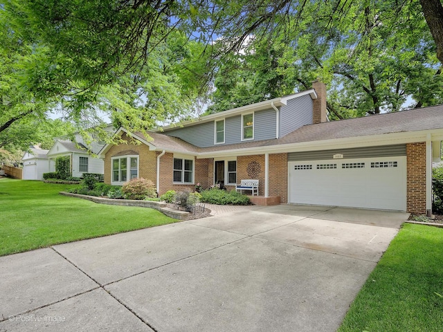 1465 Cantigny Way, Wheaton, IL 60189 - traditional-style house with an attached garage, a chimney, driveway, a front lawn, and brick siding