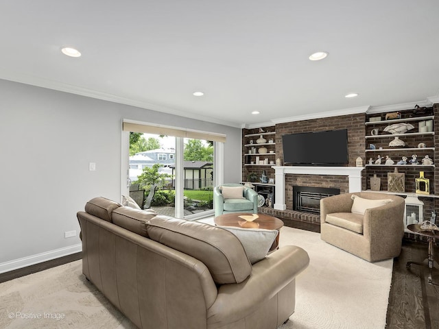 1465 Cantigny Way, Wheaton, IL 60189 - living area featuring ornamental molding, built in features, baseboards, recessed lighting, and a fireplace
