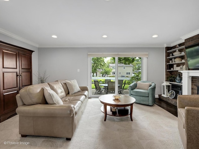 1465 Cantigny Way, Wheaton, IL 60189 - living area with recessed lighting, a brick fireplace, and crown molding