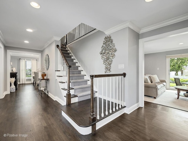 1465 Cantigny Way, Wheaton, IL 60189 - stairs with wood finished floors, baseboards, recessed lighting, and ornamental molding
