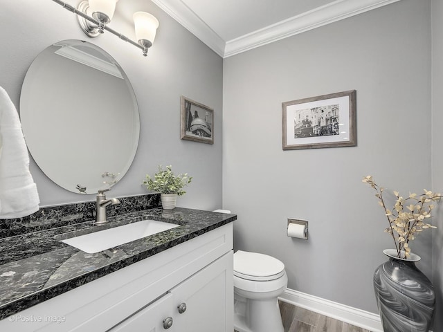 1465 Cantigny Way, Wheaton, IL 60189 - bathroom with vanity, ornamental molding, wood finished floors, toilet, and baseboards