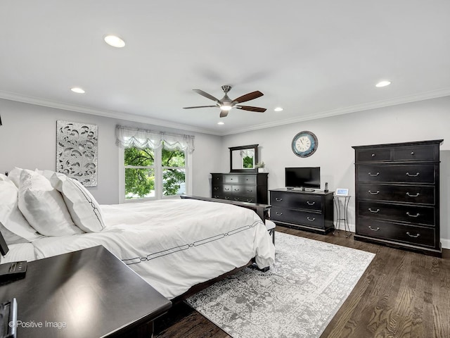 1465 Cantigny Way, Wheaton, IL 60189 - bedroom with dark wood finished floors, recessed lighting, a ceiling fan, and crown molding