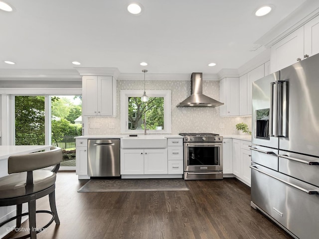 1465 Cantigny Way, Wheaton, IL 60189 - kitchen with high quality appliances, wall chimney exhaust hood, light countertops, a sink, and healthy amount of natural light