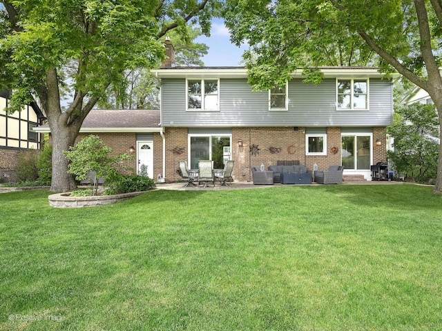 1465 Cantigny Way, Wheaton, IL 60189 - back of property featuring outdoor lounge area, a chimney, brick siding, a lawn, and a patio area