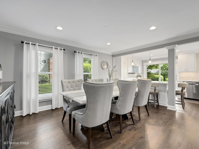 1465 Cantigny Way, Wheaton, IL 60189 - dining area featuring ornamental molding, dark wood-style floors, baseboards, and recessed lighting