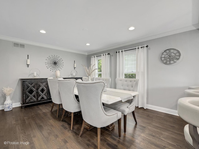 1465 Cantigny Way, Wheaton, IL 60189 - dining space featuring baseboards, crown molding, dark wood finished floors, and recessed lighting