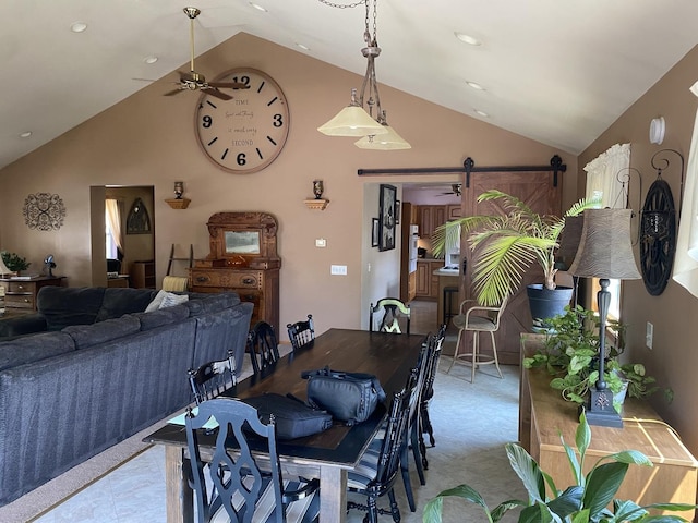 2655 W 97th Pl, Evergreen Park, IL 60805 - dining space with a barn door, ceiling fan, and high vaulted ceiling