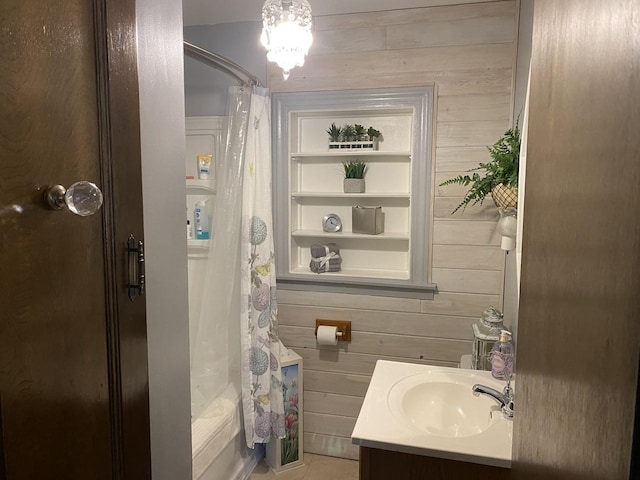 2655 W 97th Pl, Evergreen Park, IL 60805 - full bath with wood walls, vanity, tile patterned flooring, and shower / bath combo