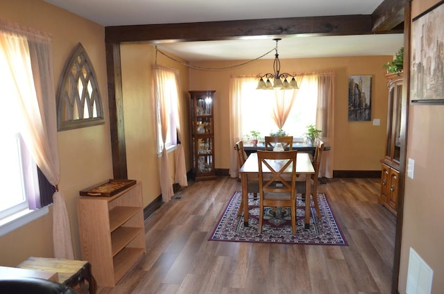 2655 W 97th Pl, Evergreen Park, IL 60805 - dining space with a chandelier, wood finished floors, baseboards, and beam ceiling
