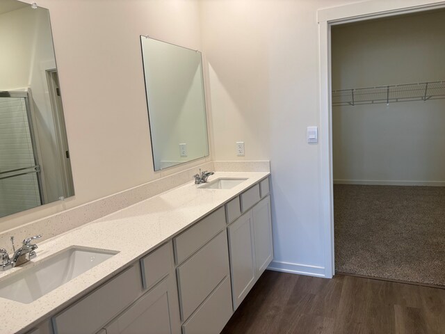 2278 Elderberry Ct, Wonder Lake, IL 60097 - bathroom with double vanity, wood finished floors, baseboards, and a walk in closet