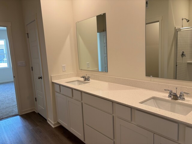 2278 Elderberry Ct, Wonder Lake, IL 60097 - bathroom featuring double vanity, wood finished floors, and a shower with door