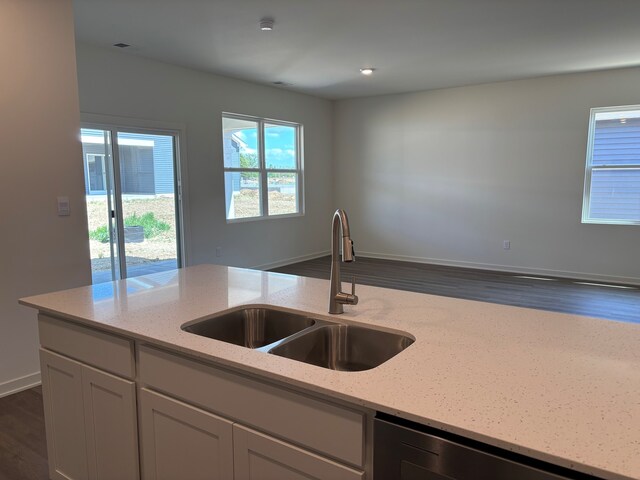 2278 Elderberry Ct, Wonder Lake, IL 60097 - kitchen with a sink, dark wood-style flooring, light stone countertops, stainless steel dishwasher, and white cabinetry