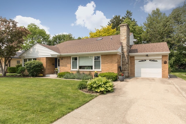 228 Cornell Ave, Des Plaines, IL 60016 - ranch-style home featuring an attached garage, brick siding, concrete driveway, a front yard, and a chimney
