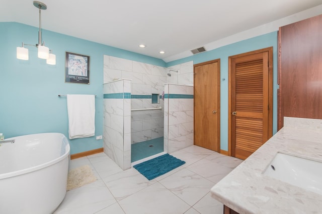 228 Cornell Ave, Des Plaines, IL 60016 - bathroom with marble finish floors, a marble finish shower, double vanity, recessed lighting, and a freestanding bath