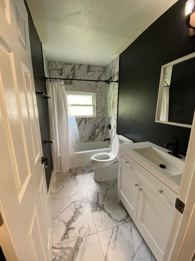 16133 Cambridge Dr, Markham, IL 60428 - bathroom featuring vanity, shower / tub combo with curtain, toilet, and marble look tile flooring