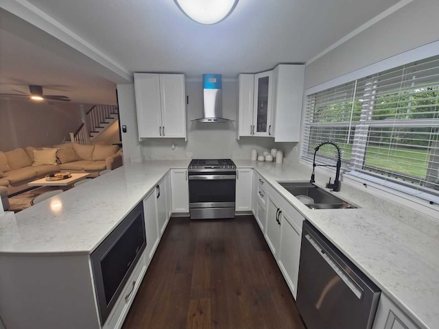1762 W Palatine Rd, Inverness, IL 60067 - kitchen featuring wall chimney range hood, appliances with stainless steel finishes, a sink, dark wood-type flooring, and light stone counters