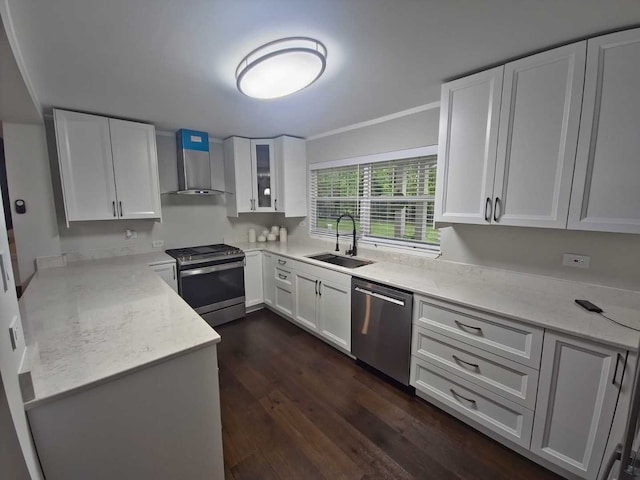 1762 W Palatine Rd, Inverness, IL 60067 - kitchen with stainless steel appliances, wall chimney range hood, a sink, white cabinetry, and dark wood-type flooring