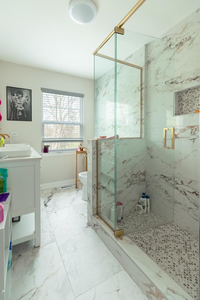 1762 W Palatine Rd, Inverness, IL 60067 - bathroom featuring a marble finish shower, vanity, marble finish floors, and toilet