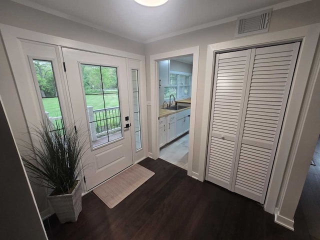 1762 W Palatine Rd, Inverness, IL 60067 - entryway featuring a sink, dark wood-style flooring, and crown molding