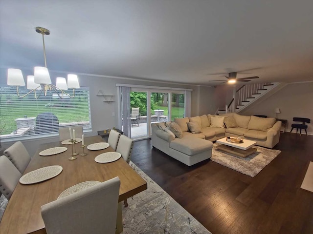 1762 W Palatine Rd, Inverness, IL 60067 - living room featuring a chandelier, dark wood-style flooring, stairway, and a ceiling fan