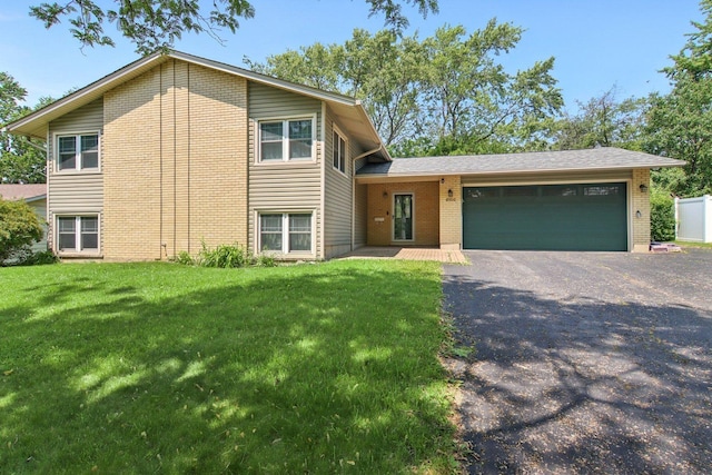 6100 Ridgeway Dr, Woodridge, IL 60517 - split level home featuring brick siding, an attached garage, asphalt driveway, and a front lawn