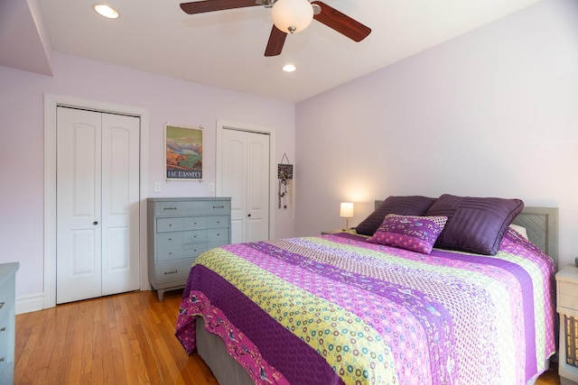 1239 W Jarvis Ave Unit 3, Chicago, IL 60626 - bedroom with two closets, light wood-style floors, recessed lighting, and ceiling fan