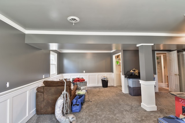 1403 N Motorola Dr, Pontiac, IL 61764 - cinema with crown molding, a decorative wall, carpet, and a wainscoted wall