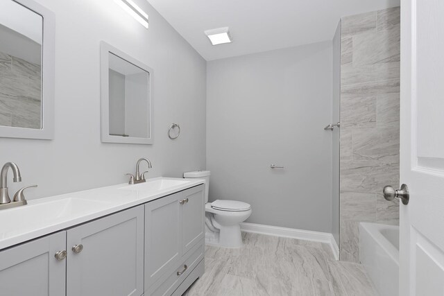 9836 Circle Pkwy, Palos Park, IL 60464 - bathroom featuring double vanity, toilet, marble finish floors, shower / tub combination, and baseboards