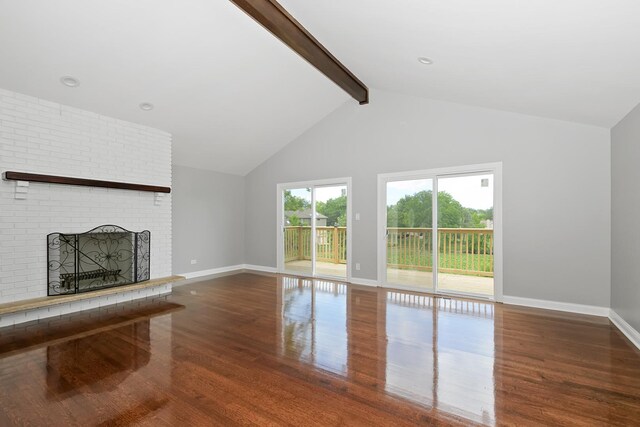 9836 Circle Pkwy, Palos Park, IL 60464 - unfurnished living room featuring wood finished floors, beamed ceiling, baseboards, high vaulted ceiling, and a fireplace