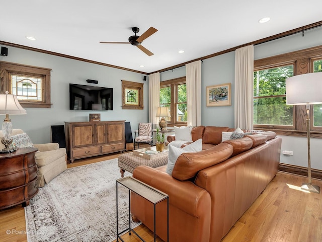 412 7th Ave, La Grange, IL 60525 - living area with ornamental molding, a ceiling fan, plenty of natural light, light wood finished floors, and recessed lighting