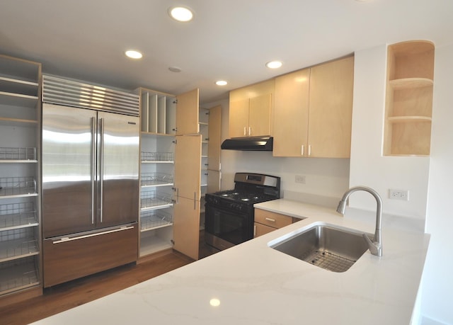 1455 Shermer Rd Unit 506, Northbrook, IL 60062 - kitchen with open shelves, stainless steel built in refrigerator, gas range, under cabinet range hood, and a sink