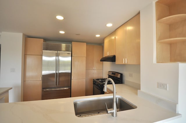 1455 Shermer Rd Unit 506, Northbrook, IL 60062 - kitchen featuring stainless steel built in fridge, black gas stove, recessed lighting, a sink, and open shelves