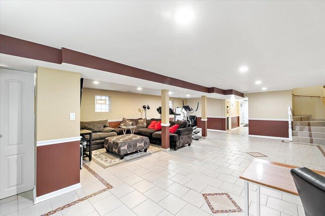 5011 W Deming Pl, Chicago, IL 60639 - living area featuring baseboards, stairs, recessed lighting, and light tile patterned flooring
