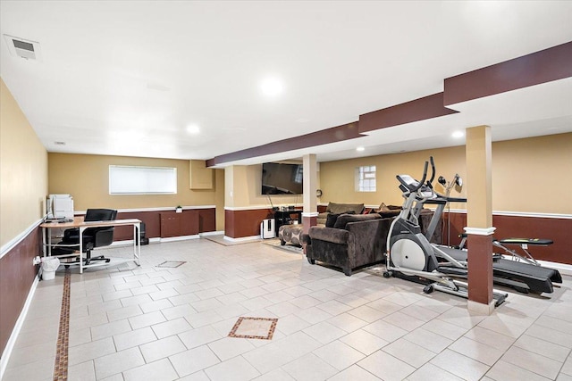 5011 W Deming Pl, Chicago, IL 60639 - workout area featuring light tile patterned floors, baseboards, and recessed lighting