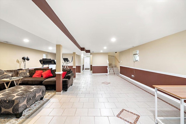 5011 W Deming Pl, Chicago, IL 60639 - living room featuring baseboards, stairs, recessed lighting, and light tile patterned floors