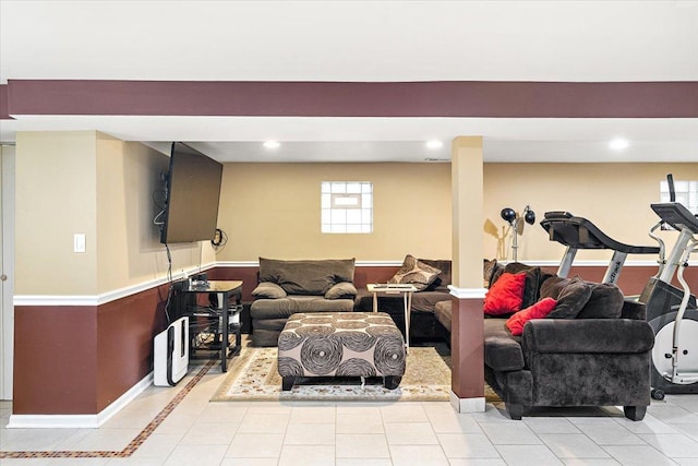 5011 W Deming Pl, Chicago, IL 60639 - living room with recessed lighting, light tile patterned floors, and baseboards