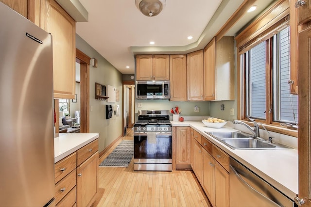 820 Woodbine Ave, Oak Park, IL 60302 - kitchen featuring stainless steel appliances, a sink, light wood finished floors, light countertops, and recessed lighting