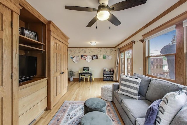 820 Woodbine Ave, Oak Park, IL 60302 - living room featuring crown molding, light wood finished floors, ceiling fan, and baseboards