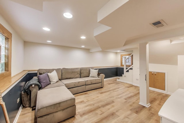 820 Woodbine Ave, Oak Park, IL 60302 - living room featuring light wood-type flooring, recessed lighting, stairs, and baseboards
