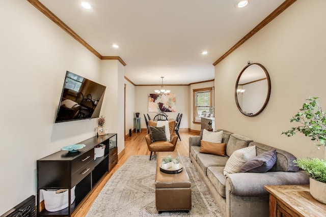 820 Woodbine Ave, Oak Park, IL 60302 - living area with light wood-style flooring, crown molding, a chandelier, and recessed lighting