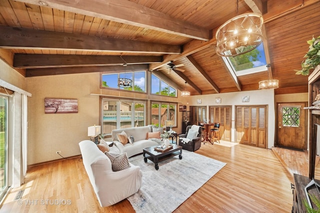 1910 E Crabtree Dr, Arlington Heights, IL 60004 - living room with a chandelier, light wood-type flooring, a wood ceiling with exposed beams, high vaulted ceiling, and ceiling fan