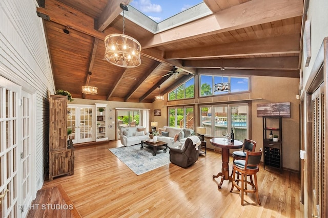 1910 E Crabtree Dr, Arlington Heights, IL 60004 - living area featuring a wood ceiling with exposed beams, a chandelier, wood finished floors, french doors, and a skylight