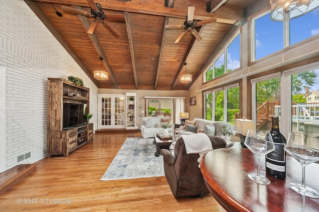 1910 E Crabtree Dr, Arlington Heights, IL 60004 - living room with brick wall, ceiling fan, a wooden ceiling with exposed beams, light wood-style flooring, and high vaulted ceiling