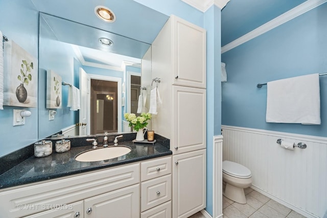 1910 E Crabtree Dr, Arlington Heights, IL 60004 - bathroom featuring vanity, ornamental molding, tile patterned floors, and a wainscoted wall