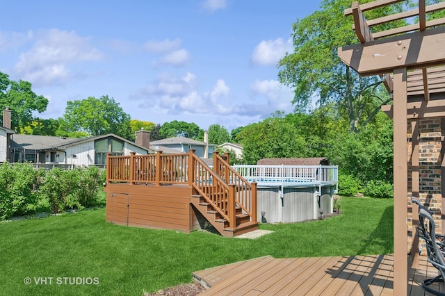 1910 E Crabtree Dr, Arlington Heights, IL 60004 - wooden deck featuring an outdoor pool, stairway, and a lawn